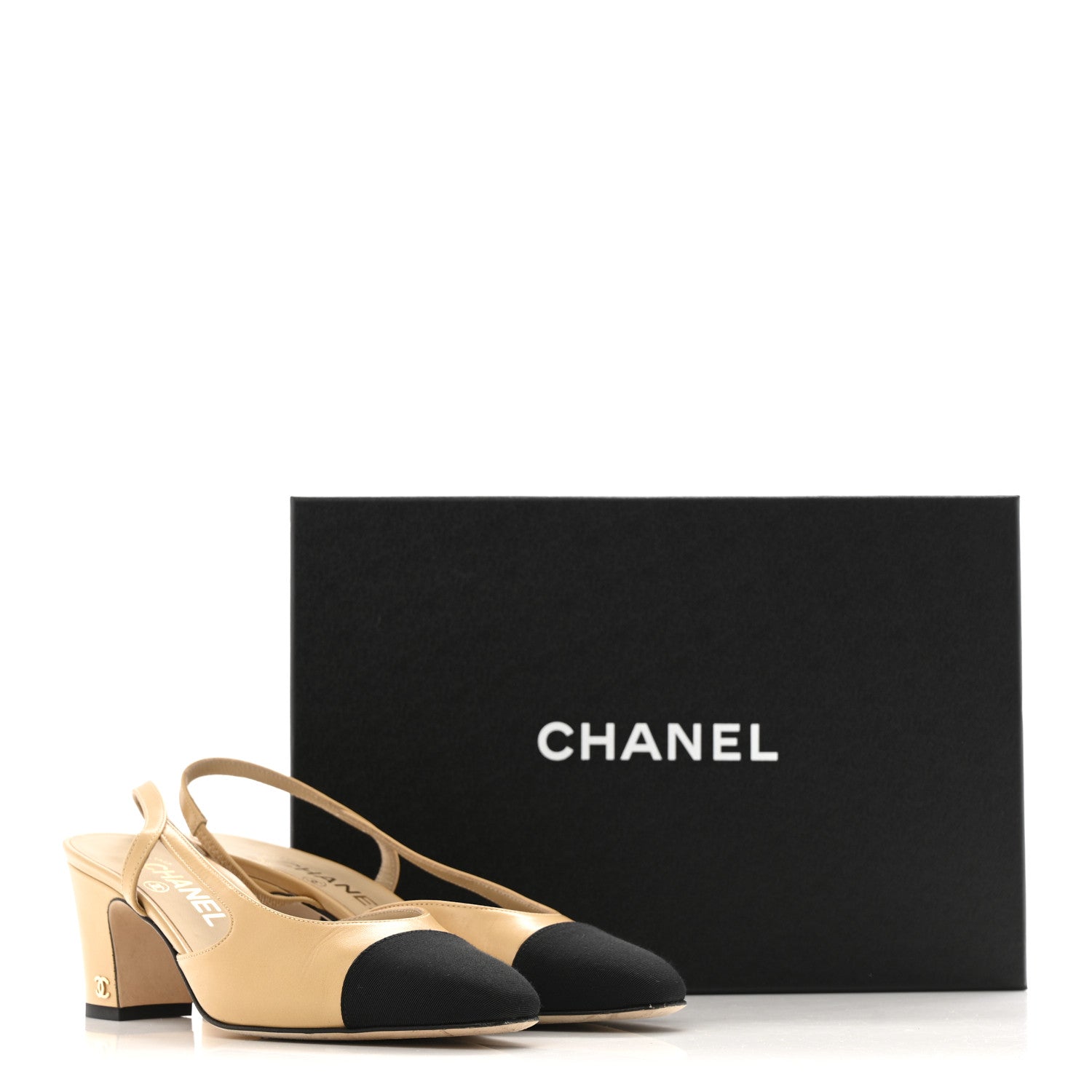 Goatskin Grosgrain Cap Toe CC Slingback Pumps 36.5 Beige Black