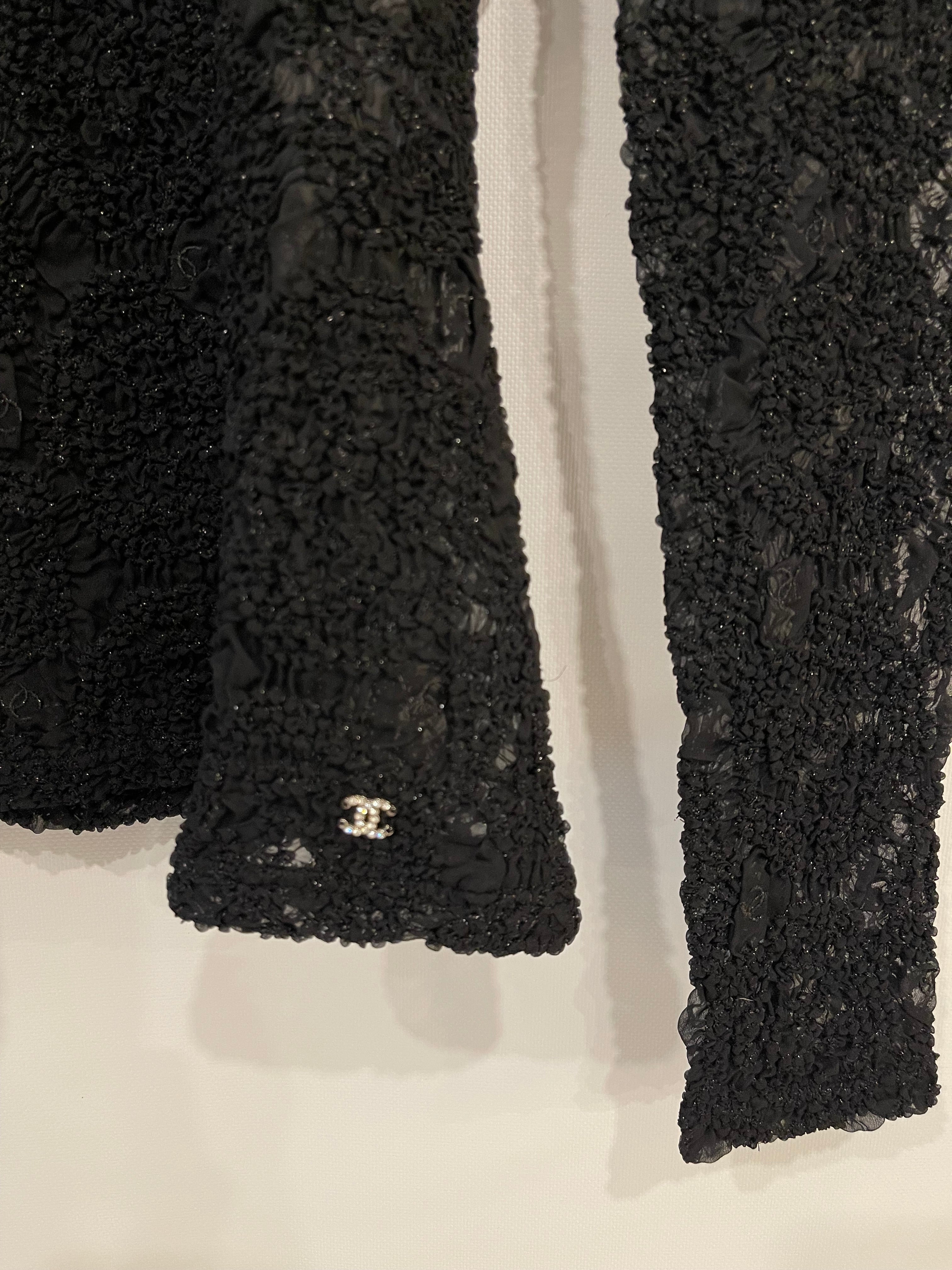 Chanel Black Lace Tulle Top and Cyclist Shorts Set with Camellia Details and Crystal CC Logos Size FR 34 (UK 6)