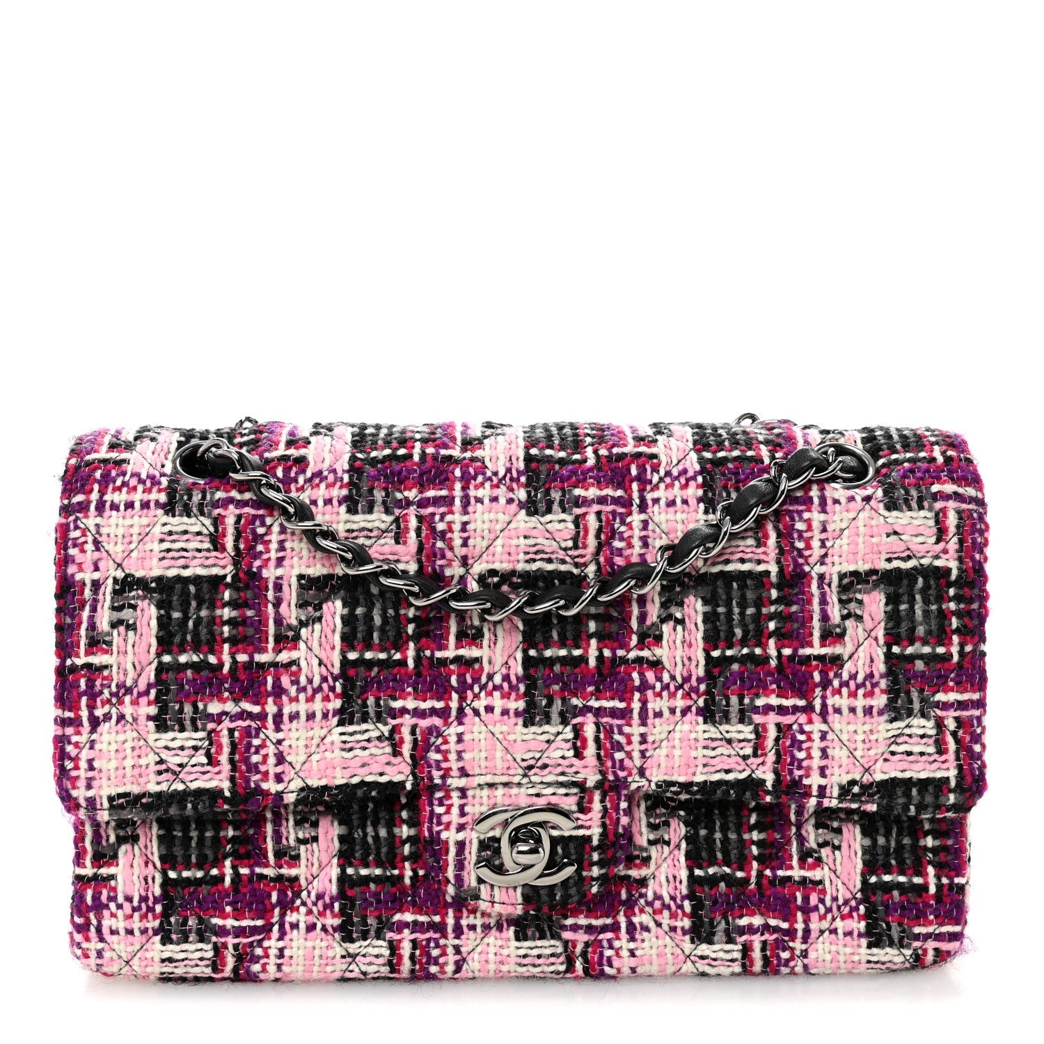 Chanel Tweed Quilted Medium Double Flap Pink Black