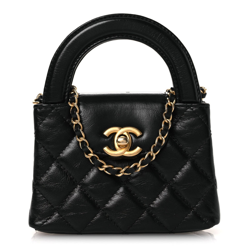 Chanel Shiny Aged Calfskin Quilted Mini Nano Kelly Shopper Black