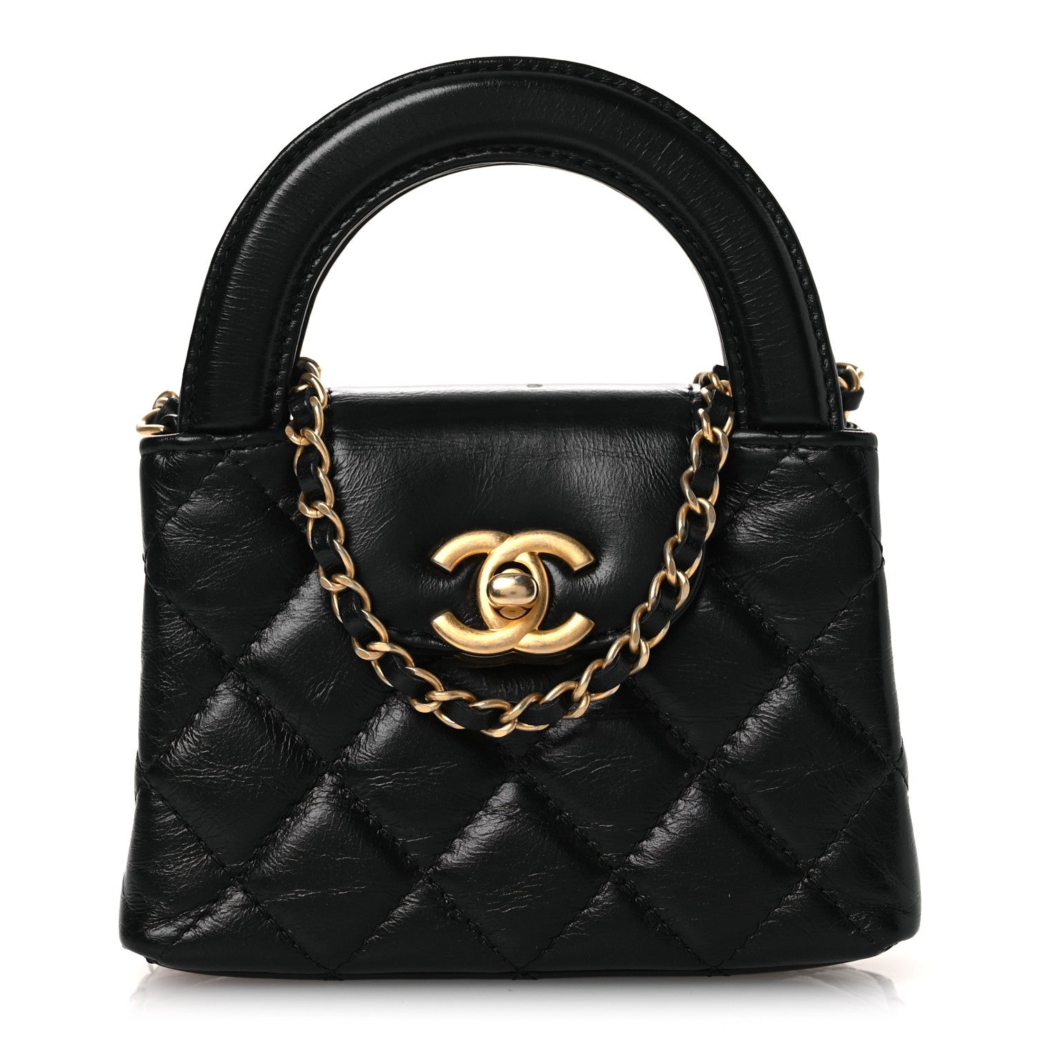 Chanel Shiny Aged Calfskin Quilted Mini Nano Kelly Shopper Black