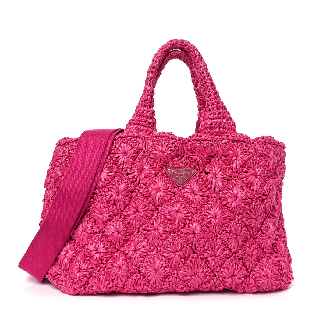 Prada Raffia Crochet Tote Fuchsia