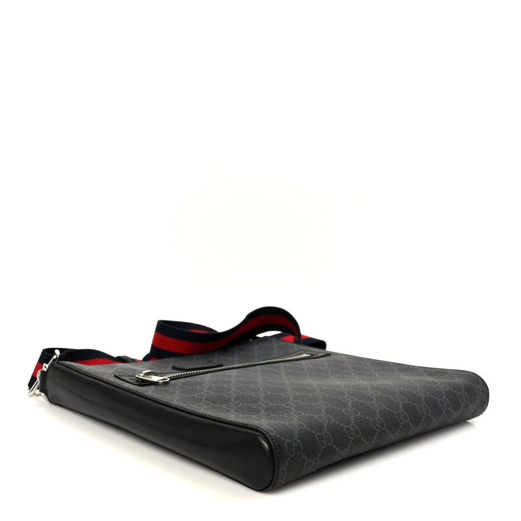 Gucci GG Supreme Monogram Appia Calfskin Web Flat Messenger Bag Black Grey