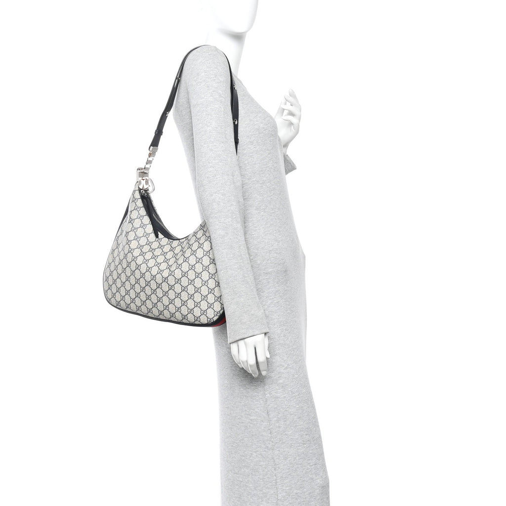 Gucci GG Supreme Monogram Textured Calfskin Web Large Attache Shoulder Bag Beige Blue