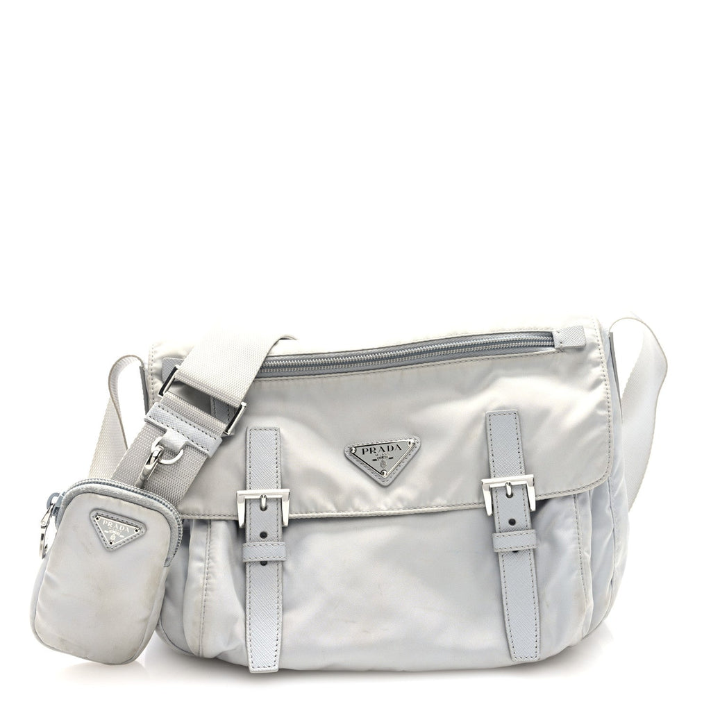 Prada Re-Nylon Vela Saffiano Pocket Double Buckle Messenger Shoulder Bag Fiordaliso