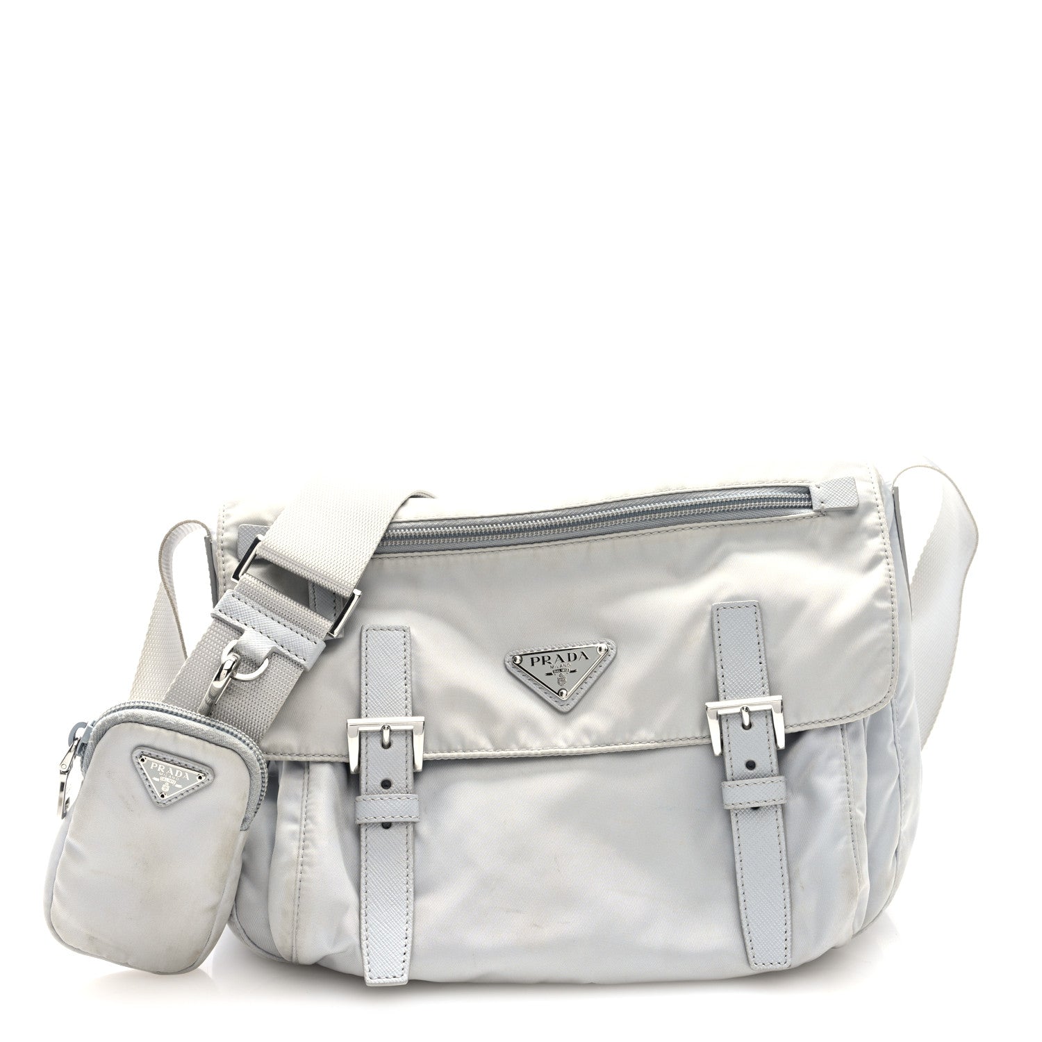 Prada Re-Nylon Vela Saffiano Pocket Double Buckle Messenger Shoulder Bag Fiordaliso
