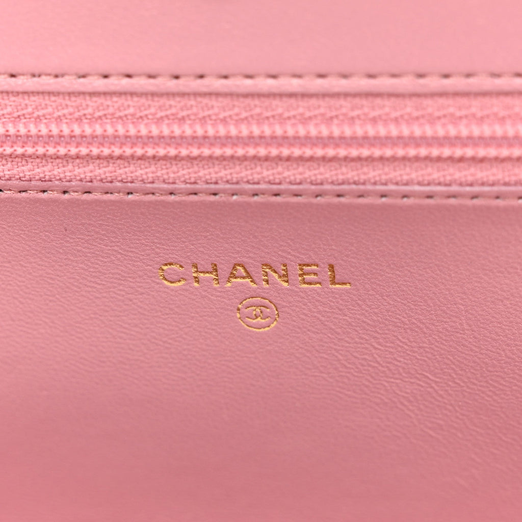 Chanel Metallic Lambskin Quilted Boy Wallet On Chain WOC Pink