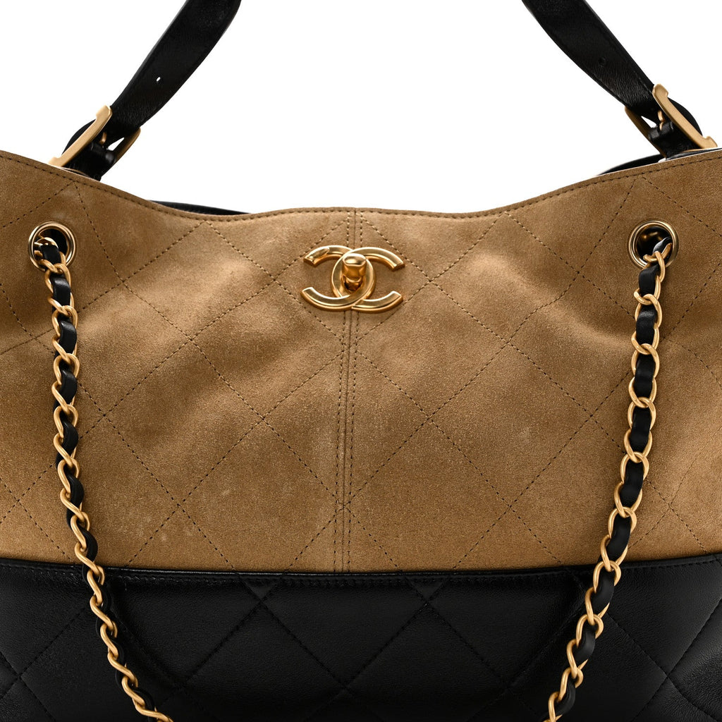 Chanel Suede Calfskin Shiny Lambskin Quilted Small Coco Base Shopping Bag Beige Black