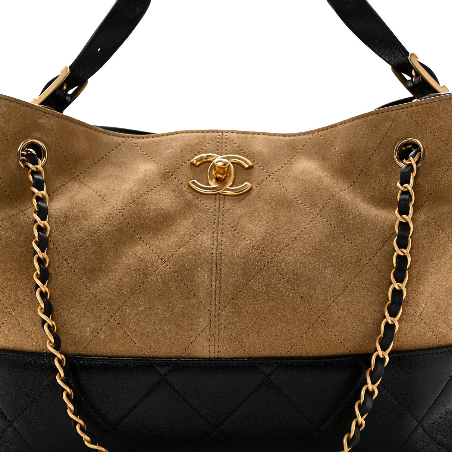 Chanel Suede Calfskin Shiny Lambskin Quilted Small Coco Base Shopping Bag Beige Black