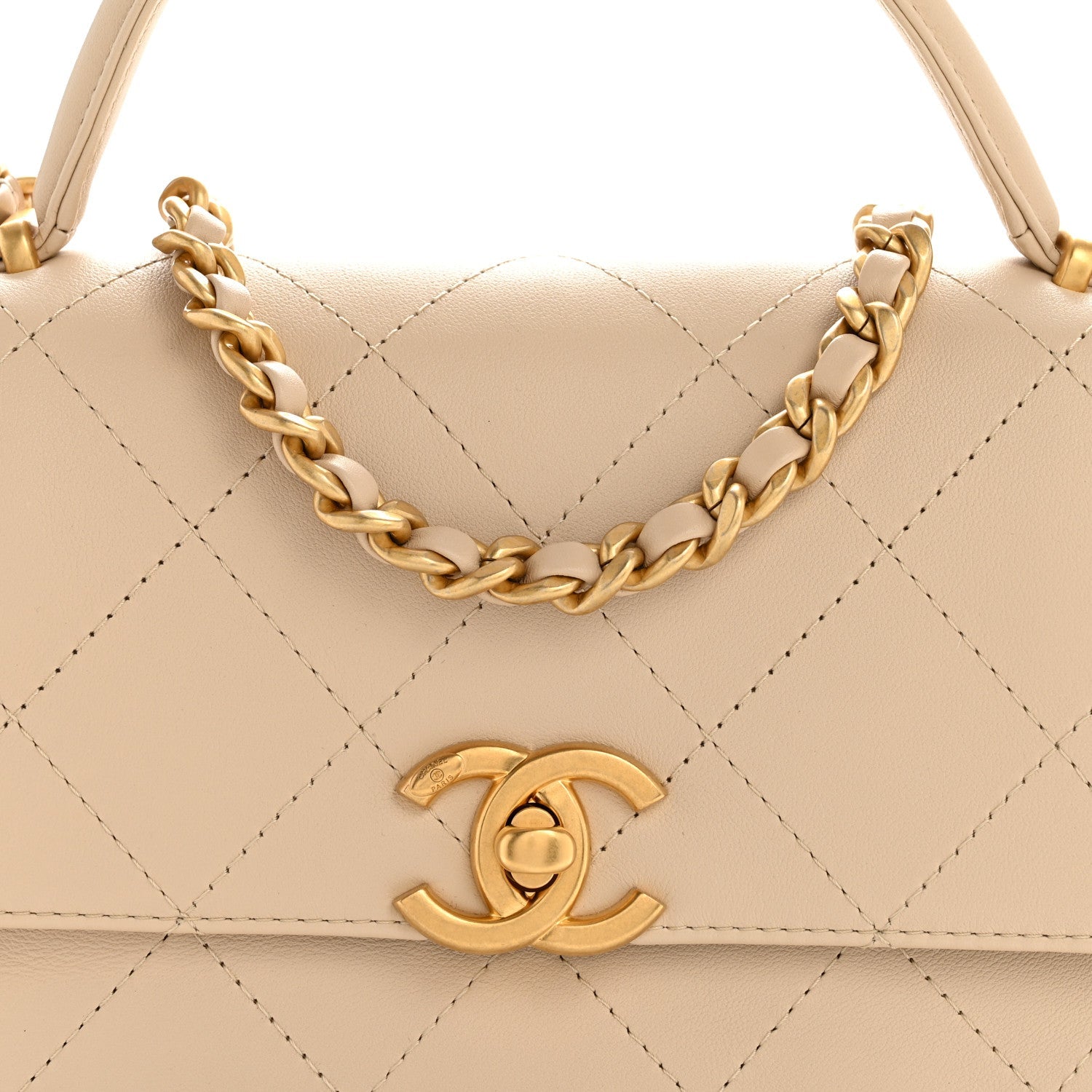 Chanel Calfskin Stitched Flap Top Handle Beige