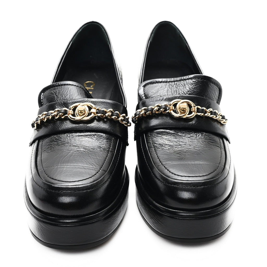 Chanel Shiny Calfskin Logo Loafers 36.5 Black