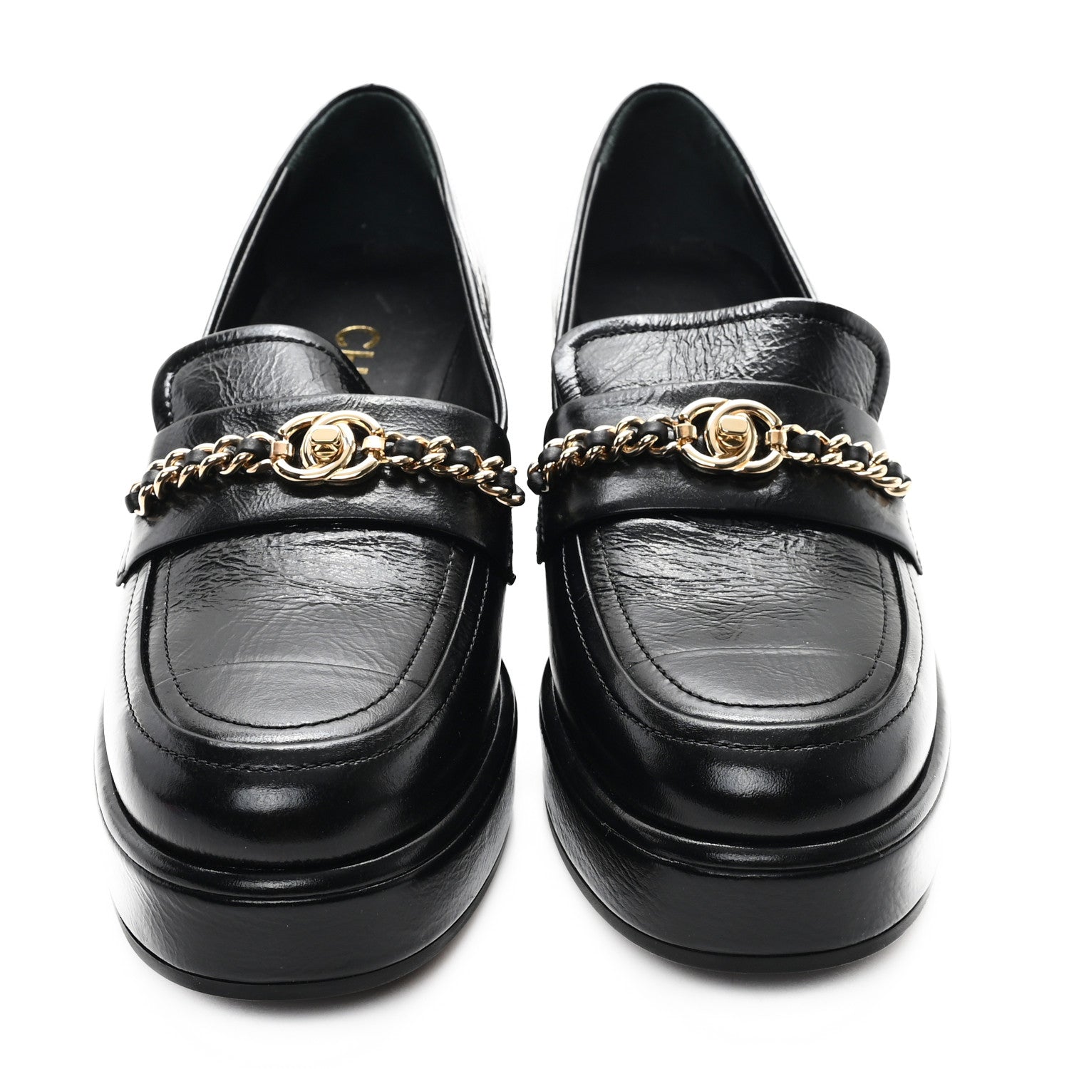 Chanel Shiny Calfskin Logo Loafers 36.5 Black