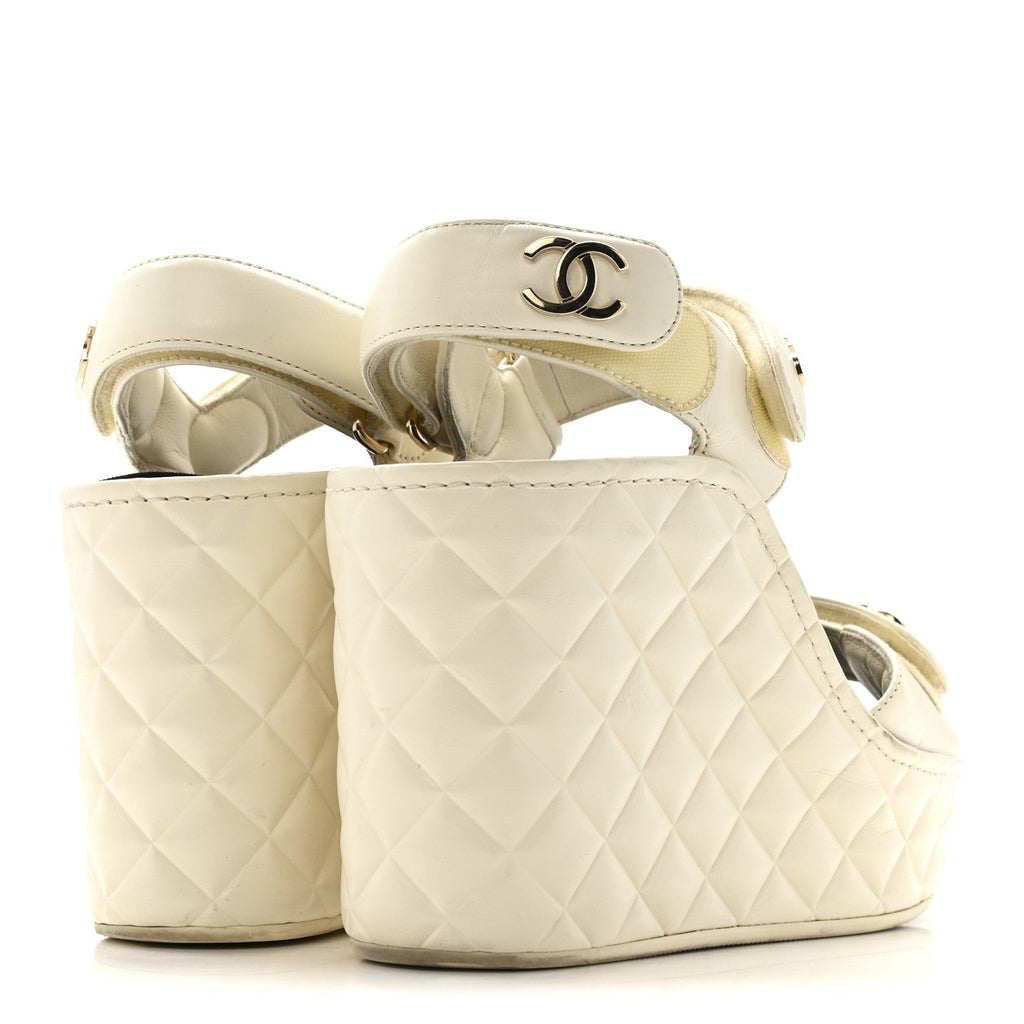 Chanel Shiny Calfskin Quilted Wedge Sandals 36 Ivory