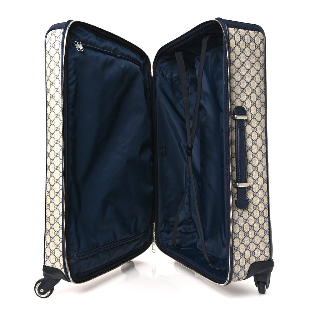 Gucci GG Supreme Monogram Textured Dollar Calfskin Web Large Savoy Trolley Suitcase Beige Blue