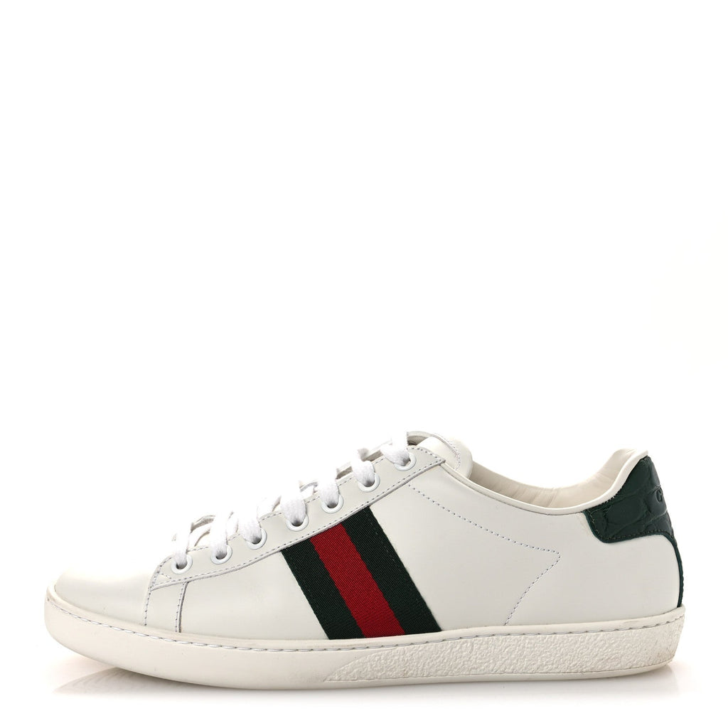 Gucci Calfskin Crocodile Web Womens Ace Sneakers 39 White Green
