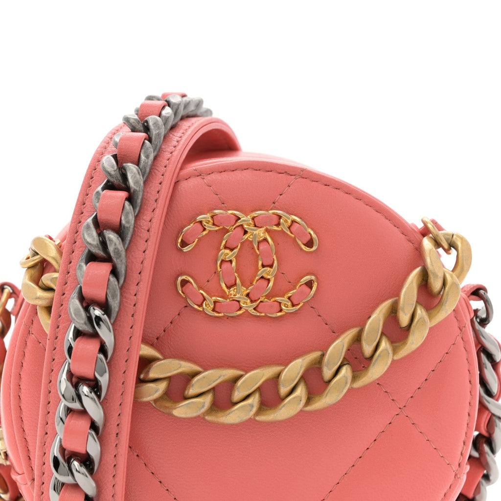 Chanel Lambskin Quilted Chanel 19 Round Clutch With Chain Pink
