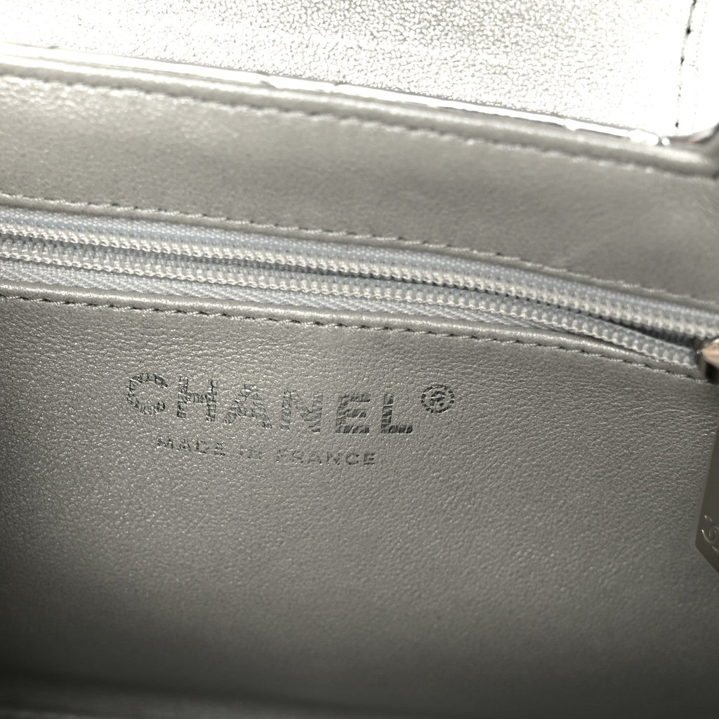 Chanel Mirror Calfskin Metallic Calfskin Quilted Nano Kelly Shopper Silvery
