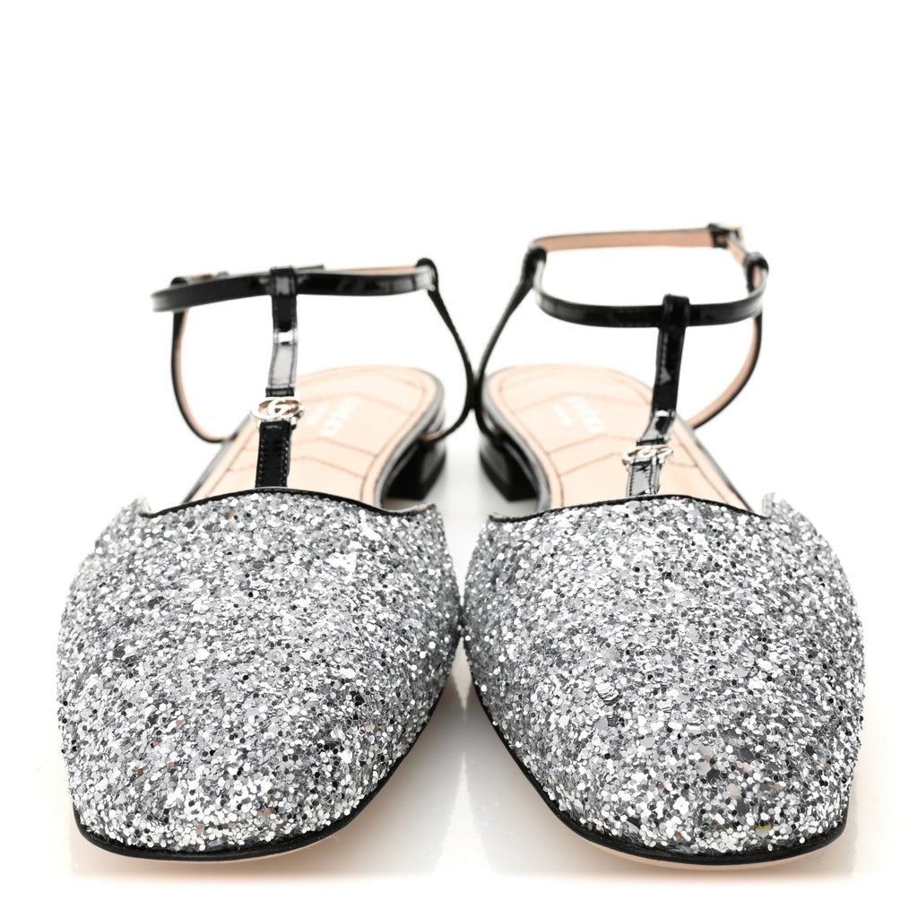 Gucci Calfskin Glitter Double G Slingback Flats 39 Silver Black