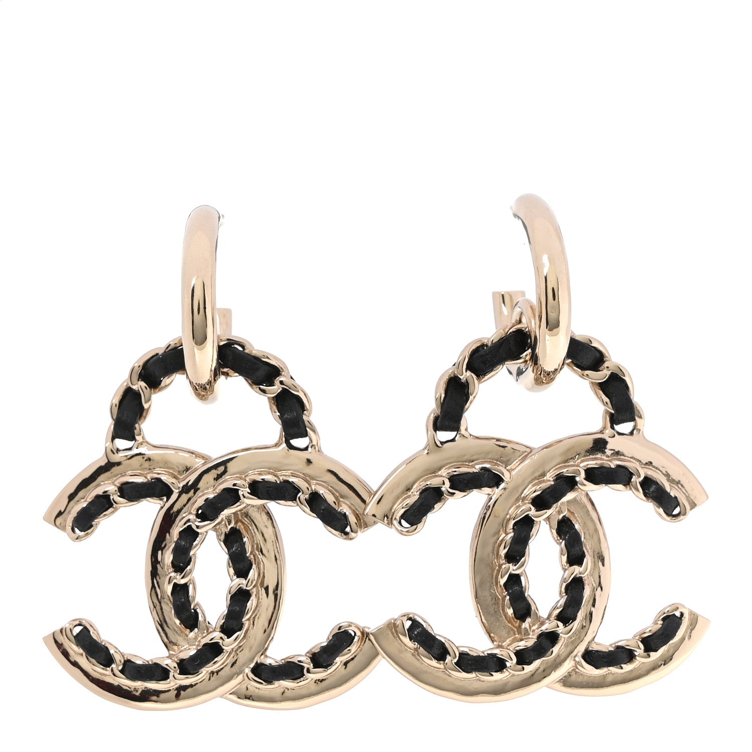 Lambskin Chain CC Drop Earrings Black Gold