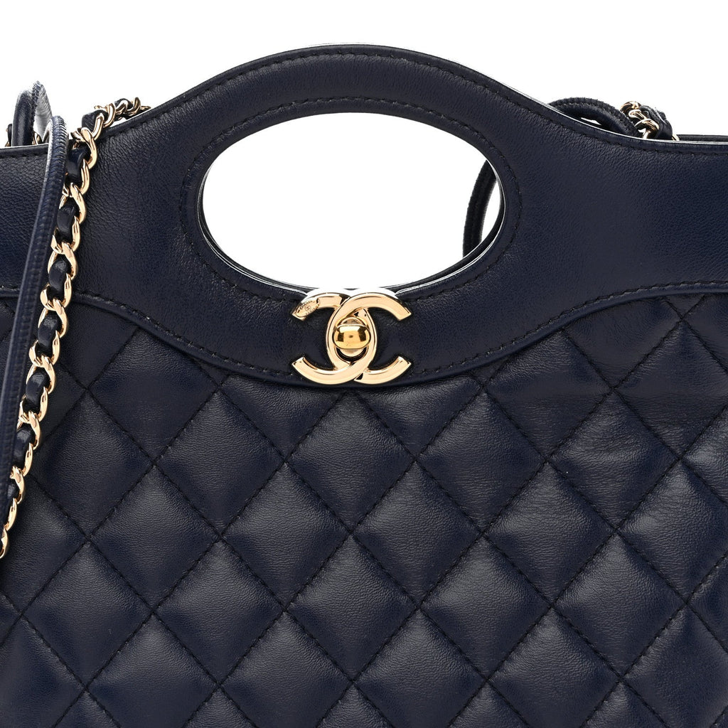 Chanel Shiny Crumpled Calfskin Quilted Mini 31 Shopping Bag Navy Blue