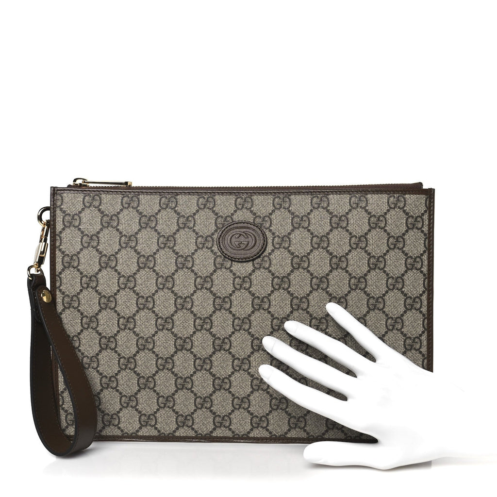 Gucci GG Supreme Monogram Azalea Calfskin Retro Interlocking G Wristlet Pouch Beige Ebony Brown Sugar