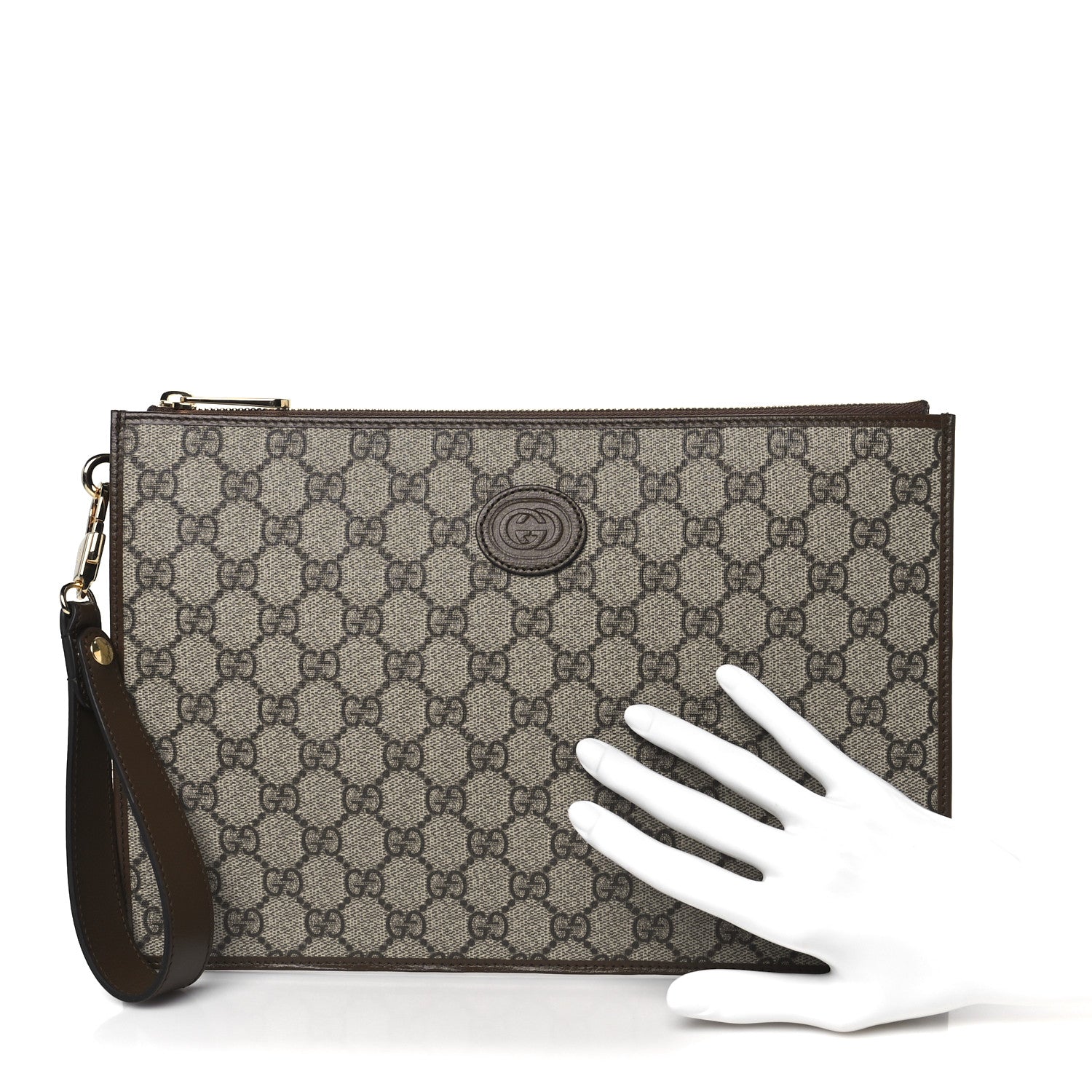 Gucci GG Supreme Monogram Azalea Calfskin Retro Interlocking G Wristlet Pouch Beige Ebony Brown Sugar