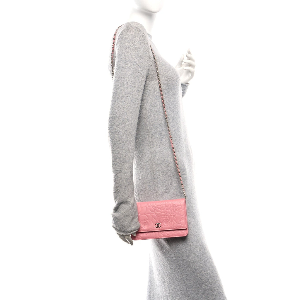 Chanel Lambskin Camellia Embossed Wallet on Chain WOC Pink