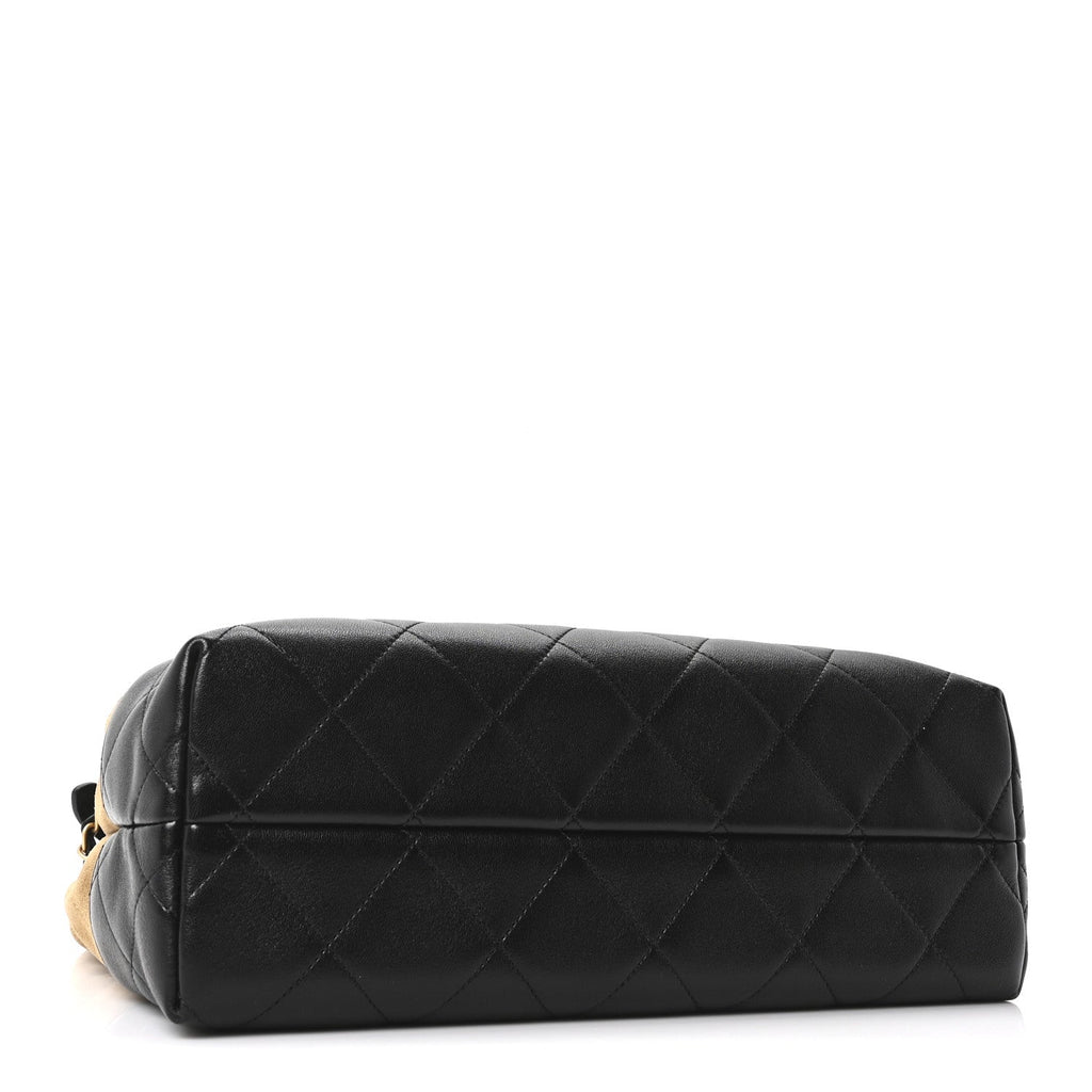 Chanel Suede Calfskin Shiny Lambskin Quilted Small Coco Base Shopping Bag Beige Black