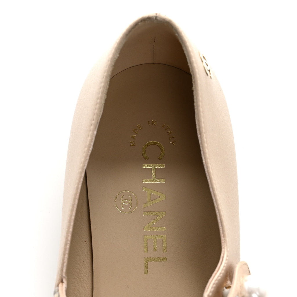 Chanel Strass Satin Grosgrain Mary Jane Flats 38.5 Beige Black