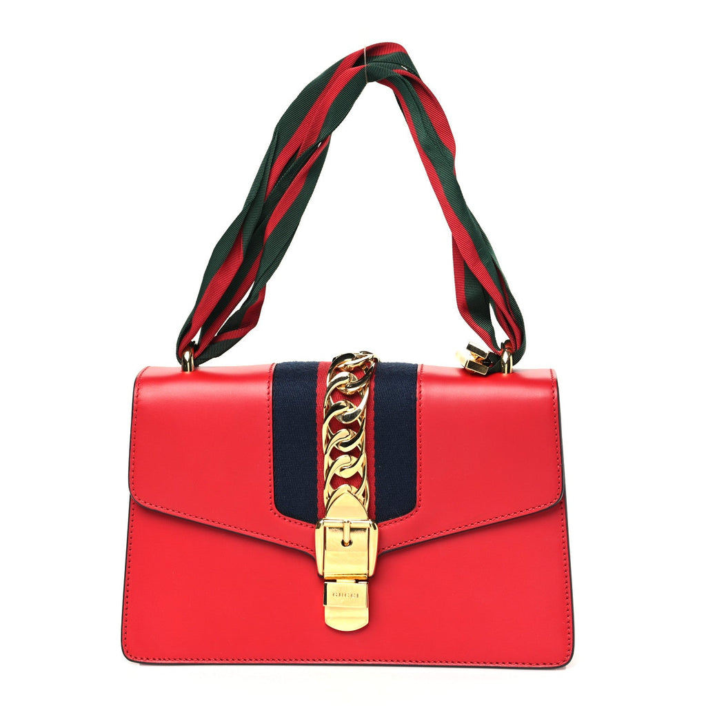 Gucci Calfskin Small Sylvie Shoulder Bag Hibiscus Red