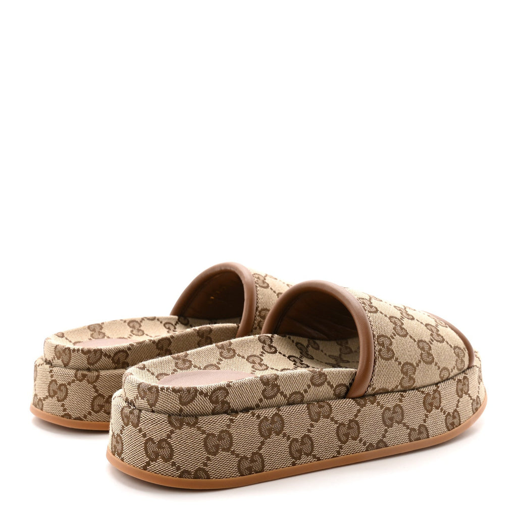 Gucci Original GG Canvas Monogram Womens GG Platform Sandals 37 Beige Dark Brown