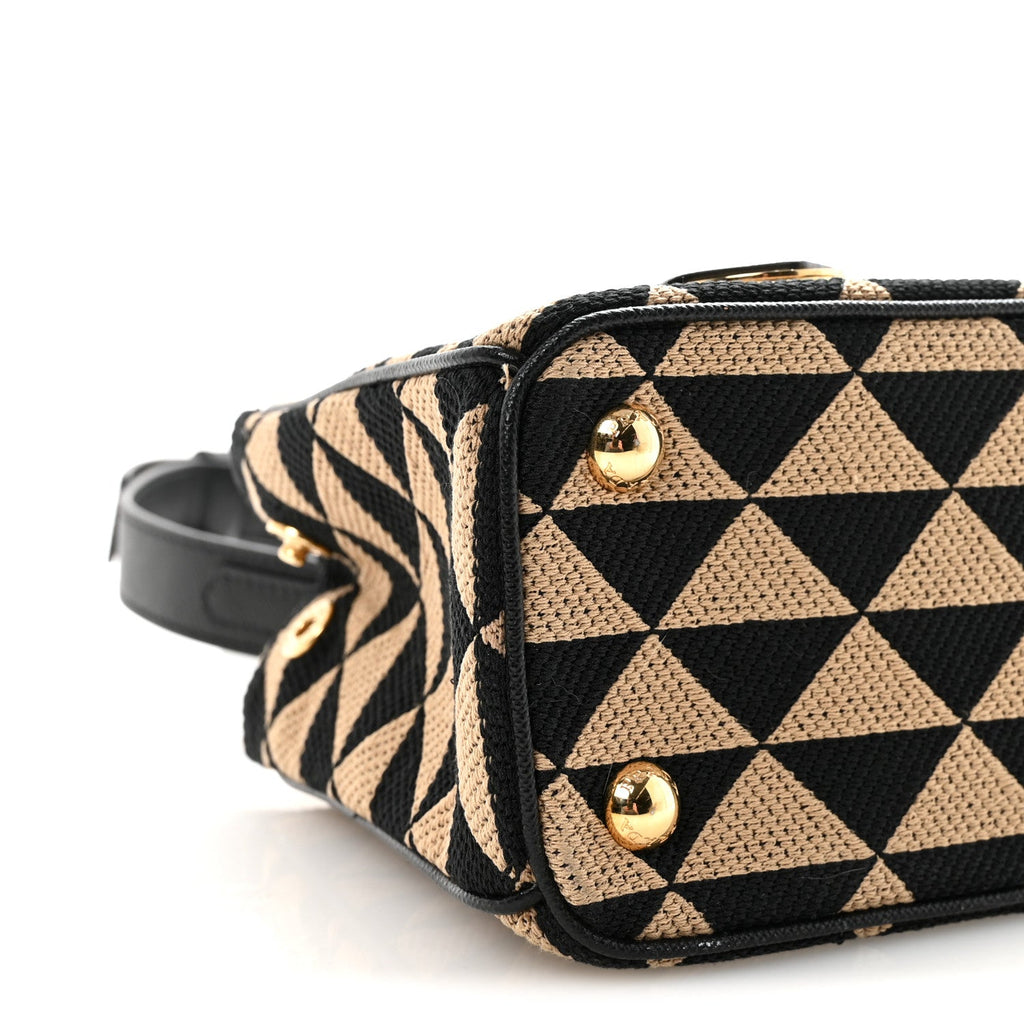 Prada Jacquard Saffiano Triangolo Symbole Embroidered Mini Galleria Double Zip Tote Black Corda