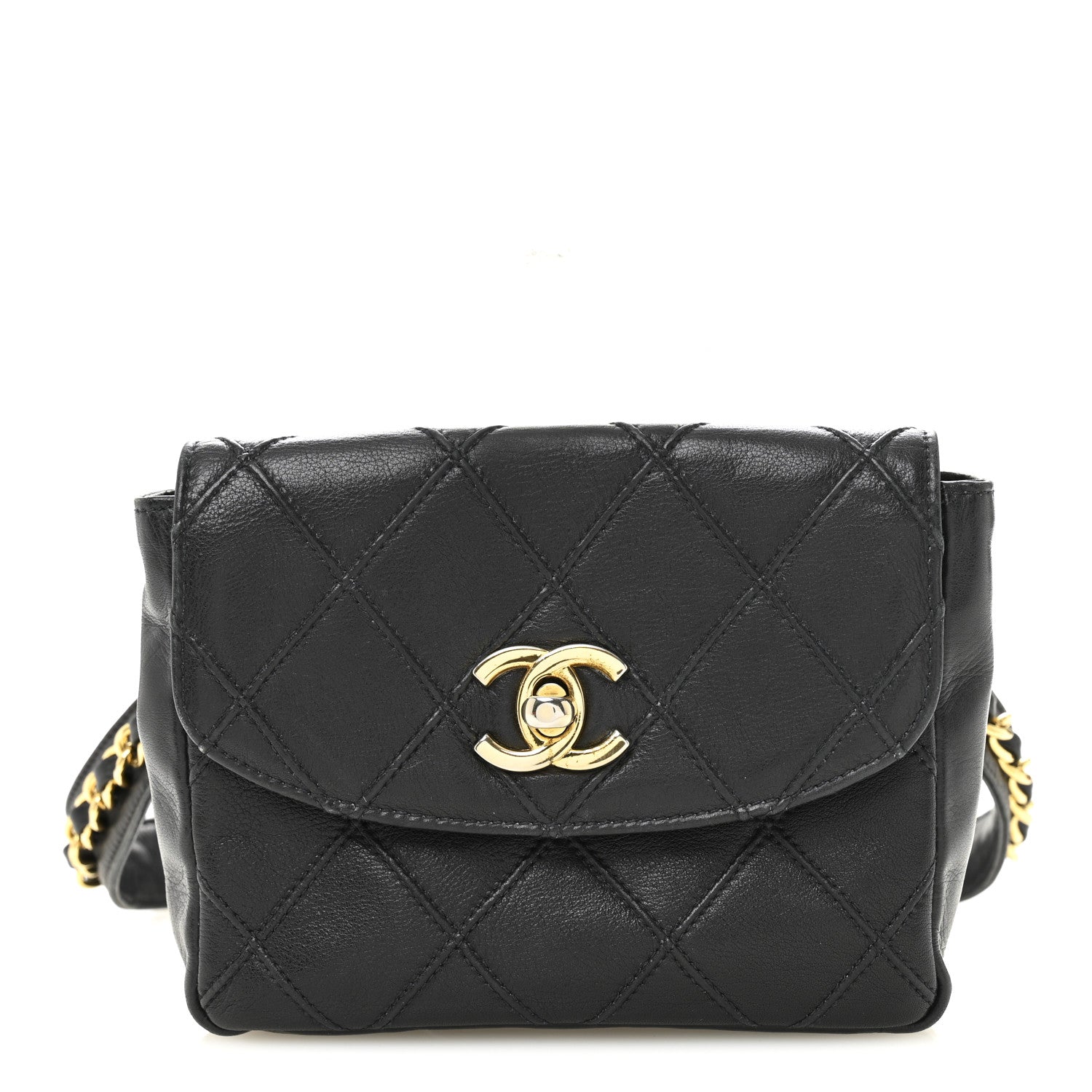Lambskin Diamond Stitched Flap Waist Belt Bag 65 26 Black