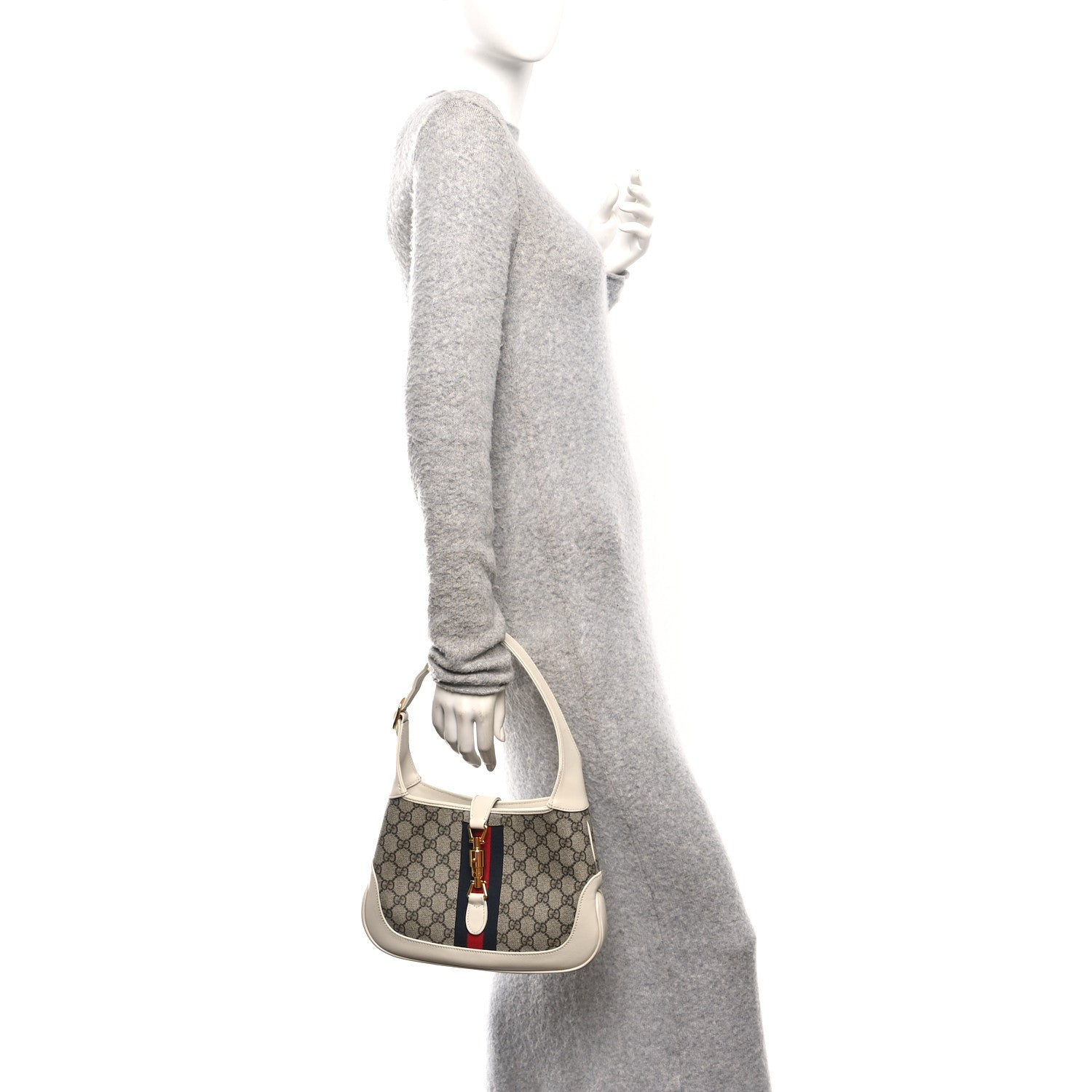 Gucci GG Supreme Monogram Azalea Calfskin Web Small Jackie 1961 Hobo Beige Ebony Mystic White