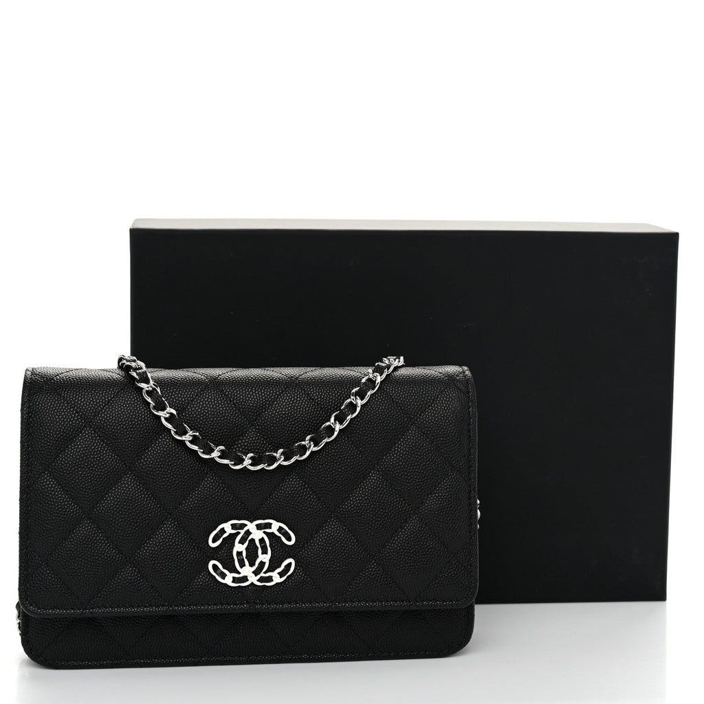 Chanel Caviar Quilted Chanel 19 Wallet On Chain WOC Black White