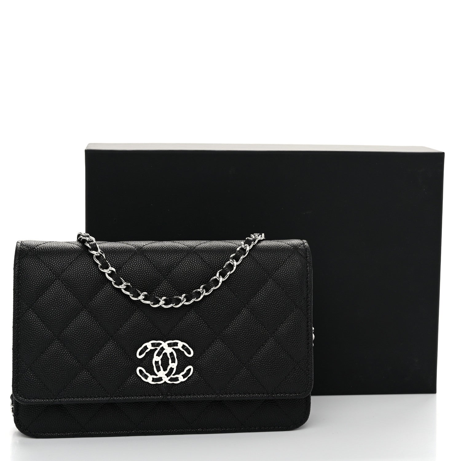 Chanel Caviar Quilted Chanel 19 Wallet On Chain WOC Black White