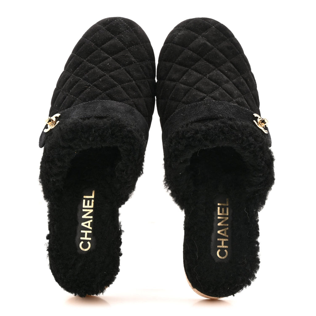 Chanel Suede Calfskin Shearling Turn Lock Clogs 41 Black