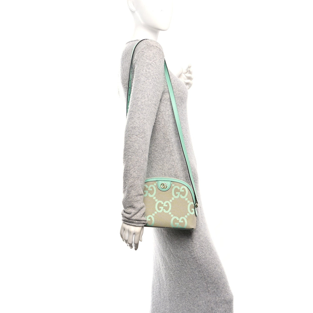 Gucci Monogram Jumbo GG Textured Dollar Calfskin Small Ophidia Dome Shoulder Bag Beige Pepperlight Mint