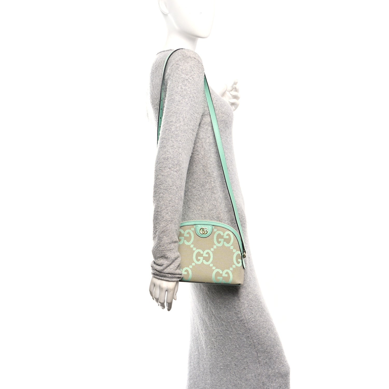 Gucci Monogram Jumbo GG Textured Dollar Calfskin Small Ophidia Dome Shoulder Bag Beige Pepperlight Mint
