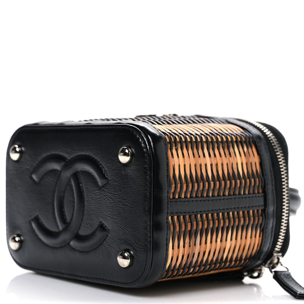 Chanel Calfskin Raffia Small Vanity Case Bag Black Beige