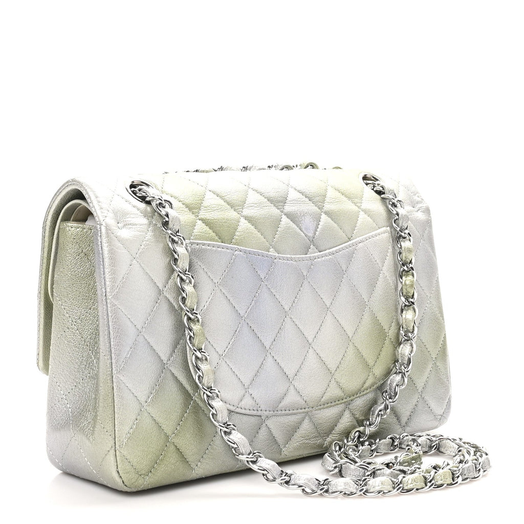 Chanel Metallic Goatskin Quilted Ombre Medium Double Flap Grey Green