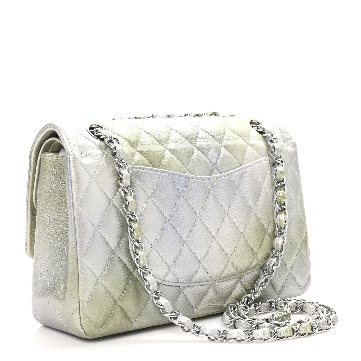 Chanel Metallic Goatskin Quilted Ombre Medium Double Flap Grey Green
