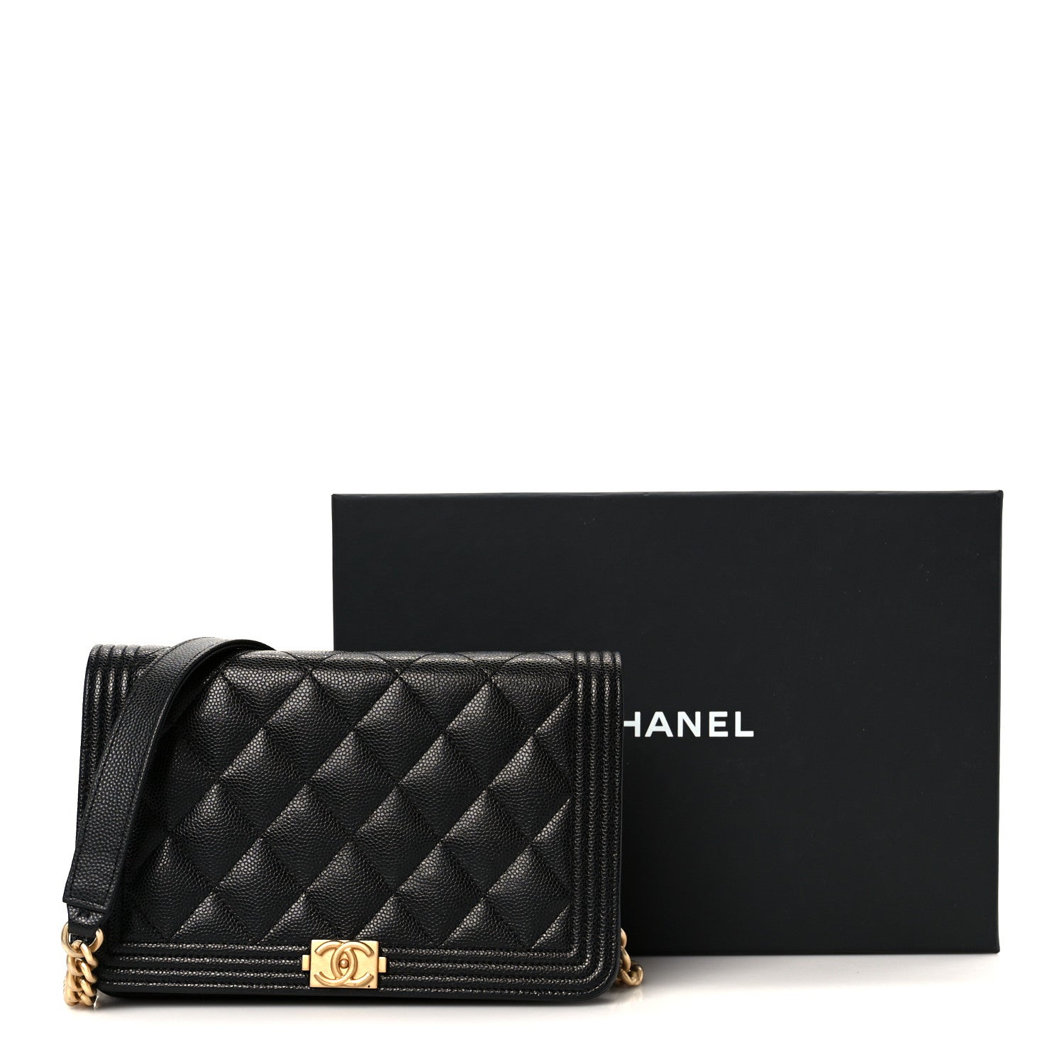 Chanel Caviar Quilted Boy Wallet On Chain WOC Black
