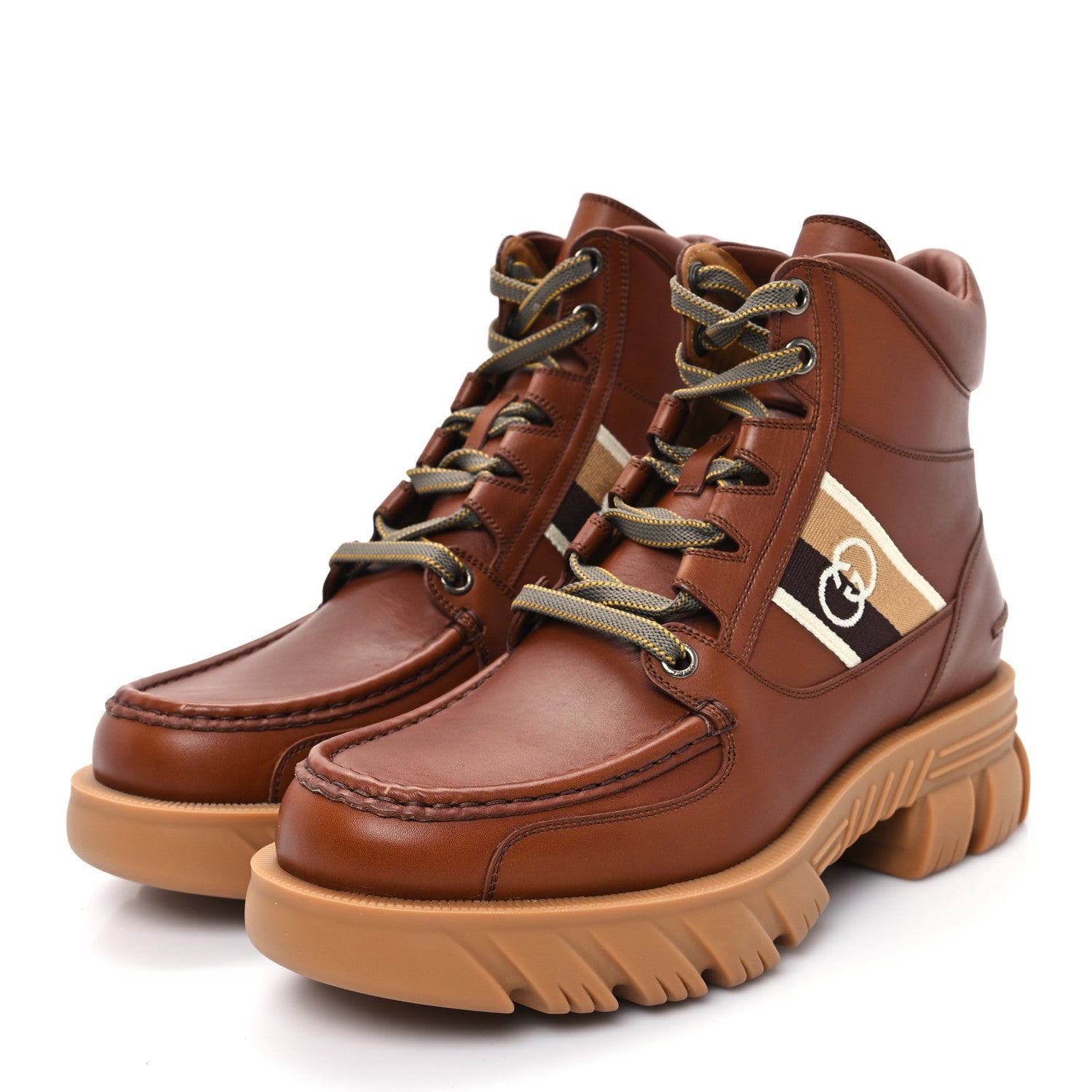 Gucci Quebec Calfskin Web Mens Interlocking G Lace Up Combat Up Combat Boots 8 Cuir Mystic White Ebony Beige