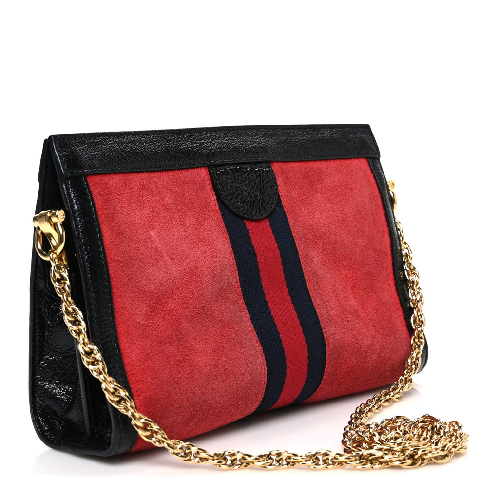 Gucci Suede Patent Web Small Ophidia Chain Shoulder Bag Hibiscus Red Black