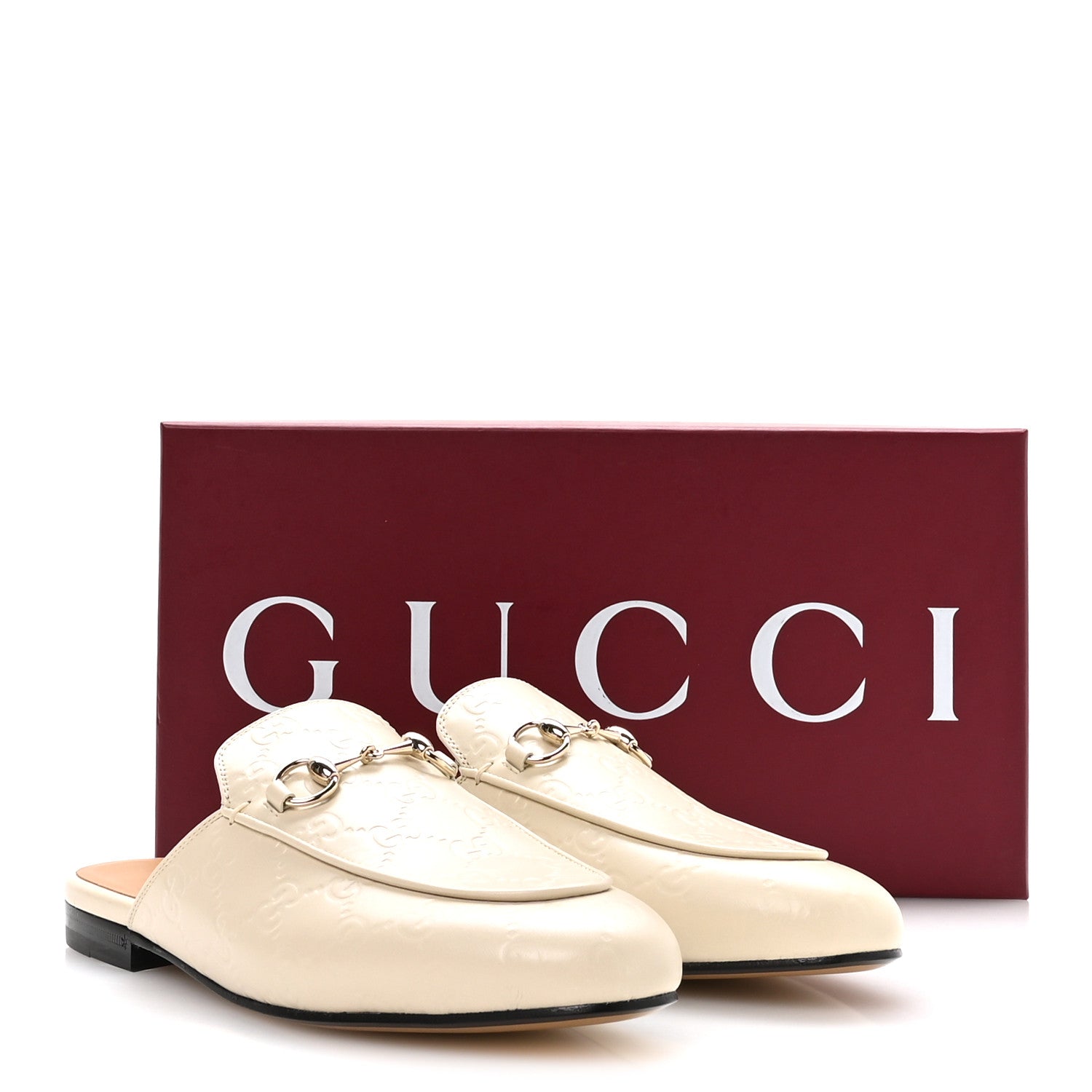 Gucci Glamour Calfskin Guccissima Womens Princetown Slippers 37.5 Mystic White