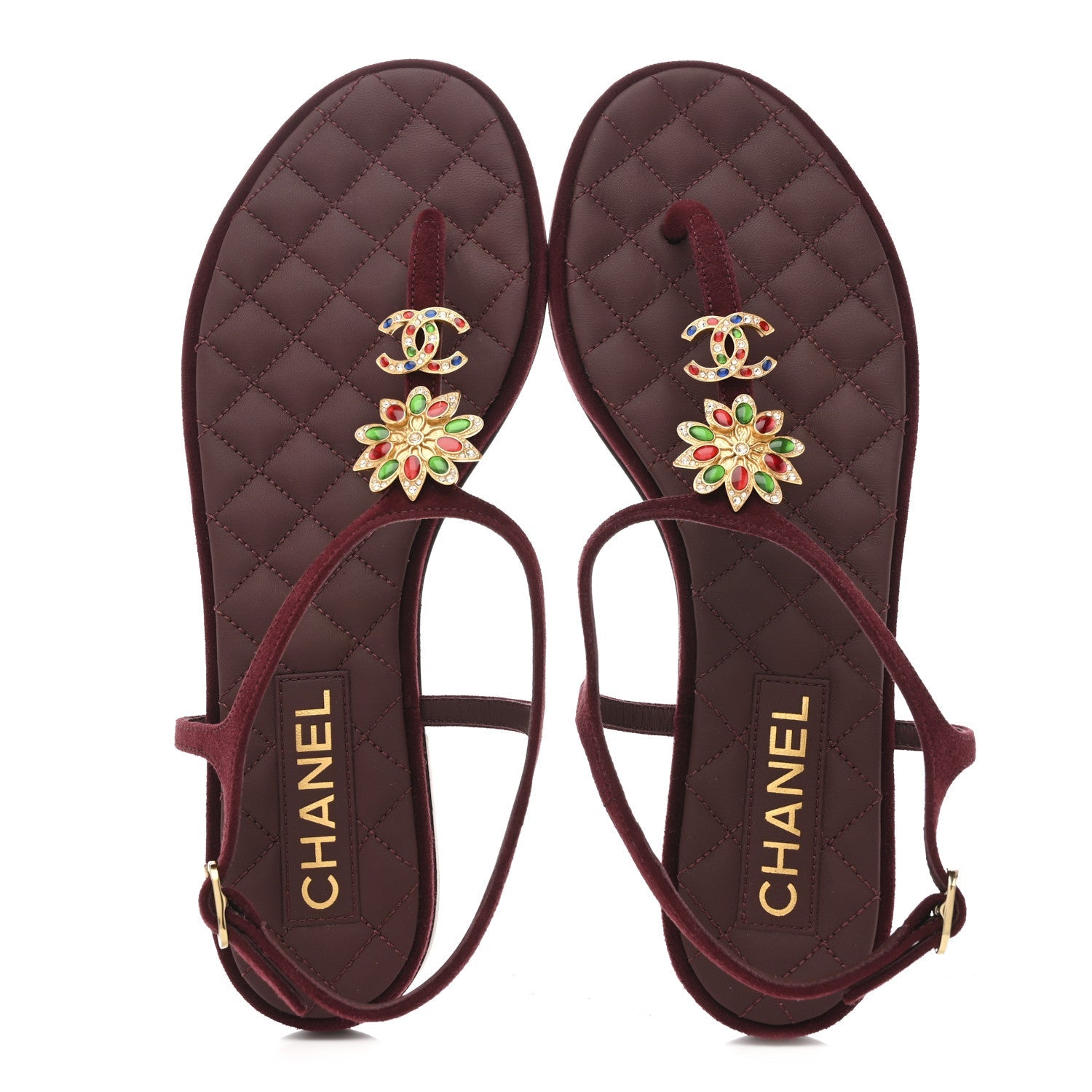 Chanel Suede Calfskin CC Crystal Thong Sandals 40.5 Burgundy