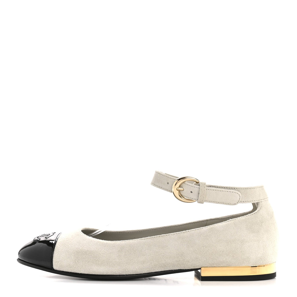 Chanel Suede Calfskin Patent Calfskin Cap Toe CC Mary Jane Flats 36.5 Light Gray Black