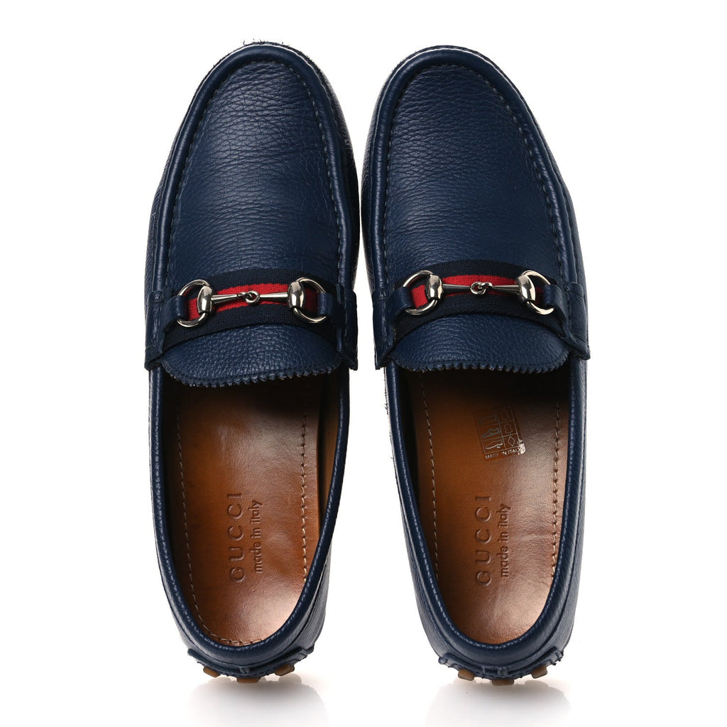 Gucci Road Calfskin Web Mens Horsebit Driver Loafers 9 Maritime