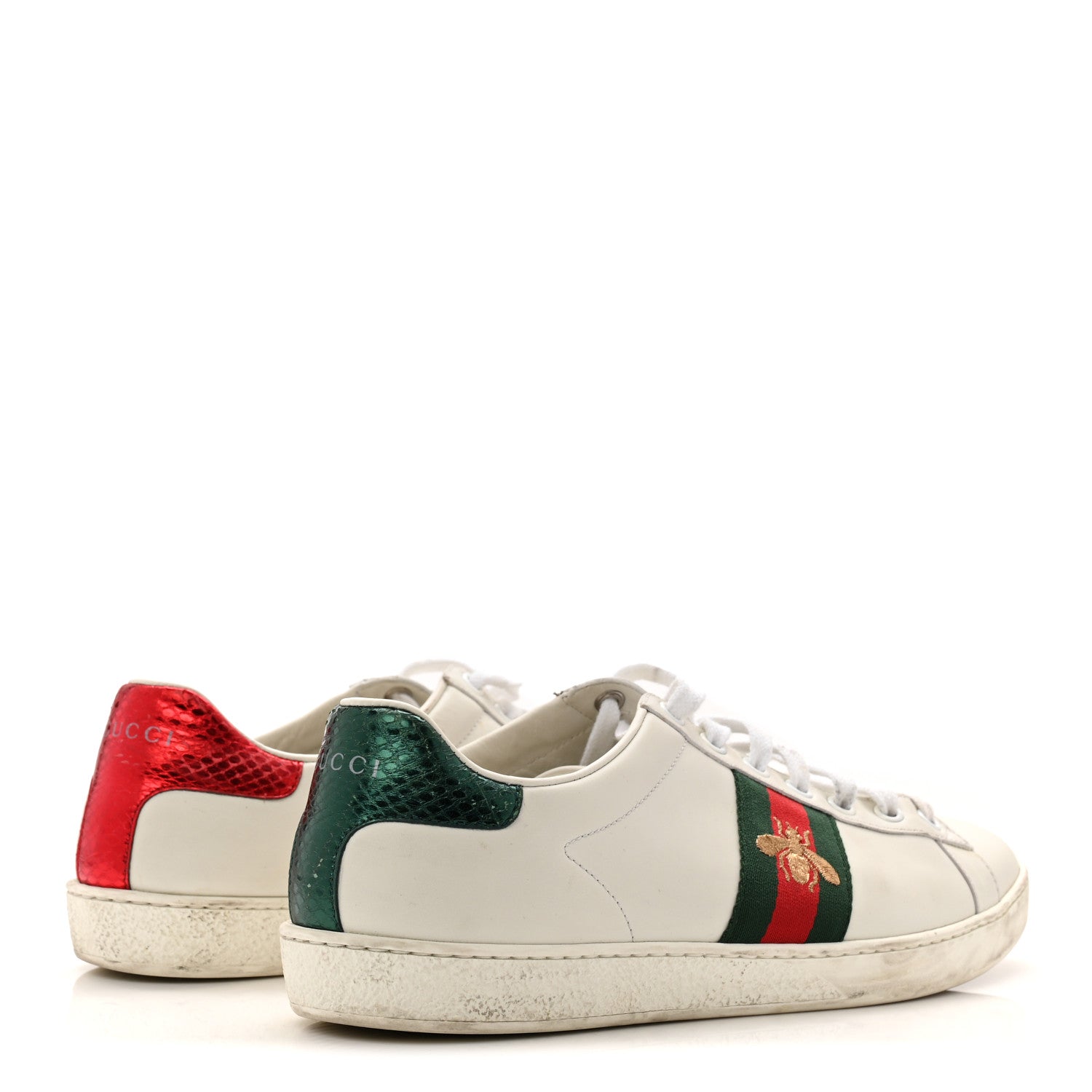 Gucci Calfskin Ayers Bee Embroidered Womens Ace Sneakers 39.5 White Green